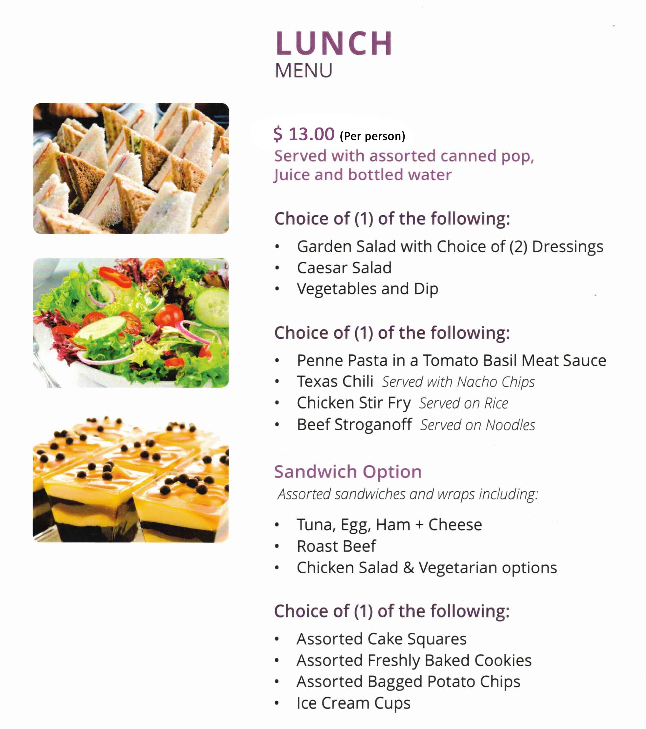 Canasia Corporate Catering Lunch Menu